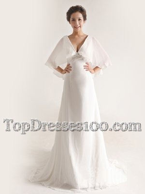 White Wedding Gowns Wedding Party and For with Ruching V-neck Half Sleeves Brush Train Zipper