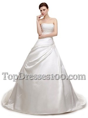 White Lace Up Strapless Ruching Bridal Gown Satin Sleeveless Court Train
