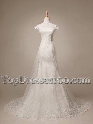 High-neck Cap Sleeves Wedding Gown With Brush Train Beading and Lace and Appliques White Tulle