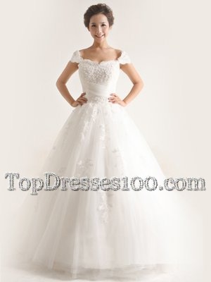 Sweetheart Cap Sleeves Tulle Wedding Gown Lace and Appliques Brush Train Lace Up