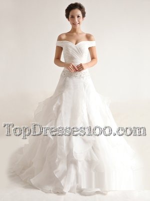 Luxurious Off the Shoulder White Zipper Wedding Dress Beading and Ruffles Sleeveless With Train Court Train
