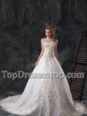 Great Ruffled White Bridal Gown Sweetheart Sleeveless Brush Train Zipper