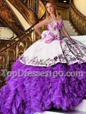 White And Purple Organza Lace Up Vestidos de Quinceanera Sleeveless Floor Length Appliques and Embroidery
