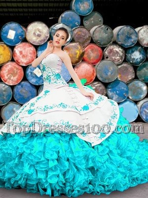 Flare Organza Sweetheart Sleeveless Lace Up Appliques and Embroidery and Ruffles Sweet 16 Dress in Blue And White
