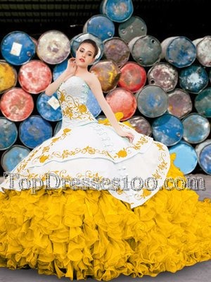 Ball Gowns Quinceanera Gowns Yellow And White Sweetheart Organza Sleeveless Floor Length Lace Up