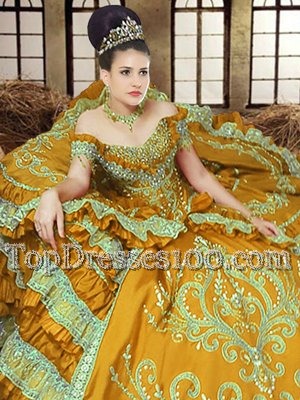 Fantastic Gold Ball Gowns Off The Shoulder Sleeveless Satin Floor Length Lace Up Embroidery Sweet 16 Quinceanera Dress