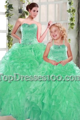 Dramatic Organza Sweetheart Sleeveless Lace Up Beading and Ruffles Quince Ball Gowns in Apple Green