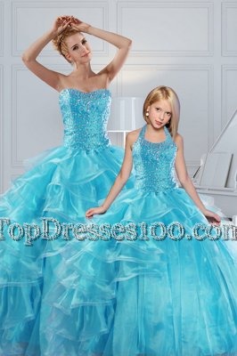 New Style Ruffled Floor Length Aqua Blue Quinceanera Gown Sweetheart Sleeveless Lace Up