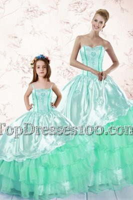 Designer Apple Green Ball Gowns Sweetheart Long Sleeves Organza Floor Length Lace Up Embroidery and Ruffled Layers Quinceanera Dress
