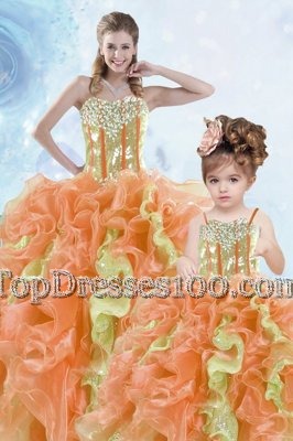 Ideal Multi-color Lace Up Sweetheart Beading and Ruffles and Sequins Sweet 16 Dresses Organza Sleeveless