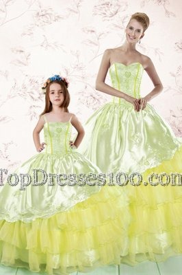 Embroidery and Ruffled Layers Ball Gown Prom Dress Light Yellow Lace Up Sleeveless Floor Length