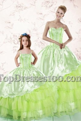 Custom Made Sleeveless Lace Up Floor Length Embroidery and Ruffled Layers 15th Birthday Dress