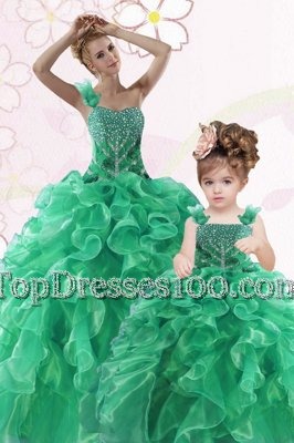 Delicate One Shoulder Sleeveless Sweet 16 Dresses Floor Length Beading and Ruffles Turquoise Organza
