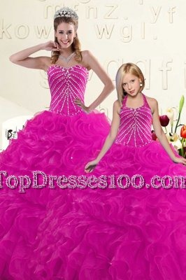 Organza Sweetheart Sleeveless Lace Up Beading and Ruffles Quinceanera Gown in Fuchsia