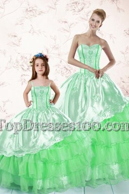 Superior Green Sweetheart Neckline Embroidery and Ruffled Layers Quinceanera Gown Sleeveless Lace Up