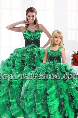Green Quinceanera Dress Military Ball and Sweet 16 and Quinceanera and For with Beading and Appliques and Ruffles Sweetheart Sleeveless Lace Up