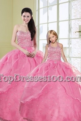Rose Pink 15 Quinceanera Dress Military Ball and Sweet 16 and Quinceanera and For with Beading and Sequins Sweetheart Sleeveless Lace Up