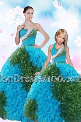 Turquoise Ball Gowns Organza Sweetheart Sleeveless Beading and Ruffles Floor Length Lace Up Quinceanera Gown