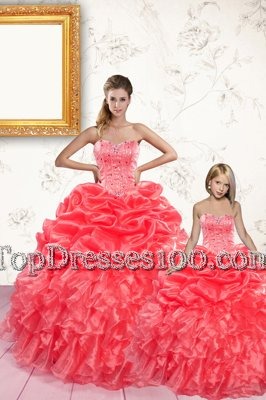 Dramatic Pick Ups Floor Length Ball Gowns Sleeveless Coral Red Sweet 16 Dress Lace Up