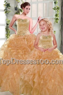 Orange Organza Lace Up Strapless Sleeveless Floor Length Quinceanera Gown Beading and Ruffles