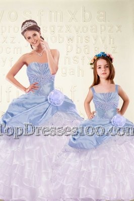 Dazzling Organza and Taffeta Sleeveless Floor Length 15 Quinceanera Dress and Beading and Ruffled Layers and Hand Made Flower