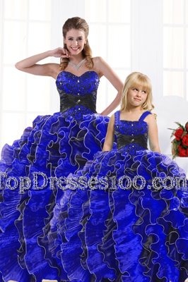 Royal Blue Sleeveless Organza Lace Up 15th Birthday Dress for Military Ball and Sweet 16 and Quinceanera