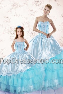 Artistic Baby Blue Ball Gowns Embroidery and Ruffled Layers Sweet 16 Dresses Zipper Organza Sleeveless Floor Length