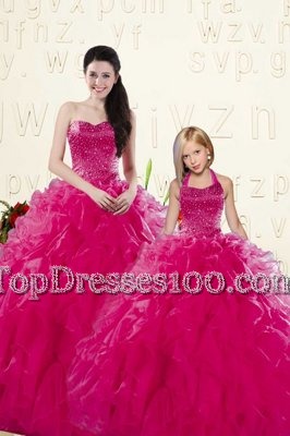 Floor Length Lace Up Vestidos de Quinceanera Fuchsia and In for Military Ball and Sweet 16 and Quinceanera with Beading and Ruffles