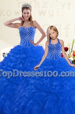 Noble Blue Organza Lace Up 15th Birthday Dress Sleeveless Floor Length Beading and Ruffles