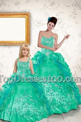 Customized Turquoise Ball Gowns Beading and Embroidery and Pick Ups Ball Gown Prom Dress Lace Up Taffeta Sleeveless Floor Length