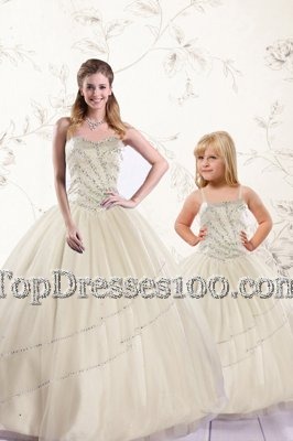 Champagne Tulle Lace Up Quinceanera Dress Sleeveless Floor Length Beading