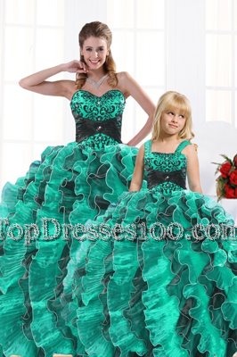 Affordable Turquoise Sweetheart Neckline Beading and Appliques and Ruffles Sweet 16 Dress Sleeveless Lace Up