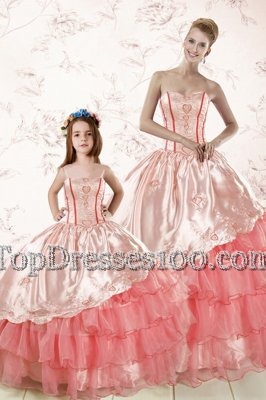 Watermelon Red Organza Lace Up Sweetheart Sleeveless Floor Length Sweet 16 Dress Embroidery and Ruffled Layers