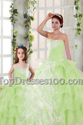 Latest Strapless Sleeveless Quinceanera Gown Floor Length Beading and Ruffled Layers and Ruching Yellow Green Organza