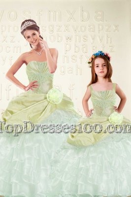 Pretty Yellow Green Sleeveless Floor Length Beading and Ruffled Layers and Hand Made Flower Lace Up 15 Quinceanera Dress