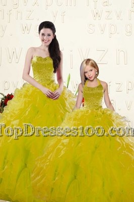Sleeveless Organza Floor Length Lace Up Sweet 16 Quinceanera Dress in Yellow for with Beading and Ruffles