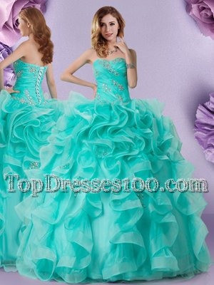 Aqua Blue Sleeveless Beading and Ruffles Floor Length Quince Ball Gowns