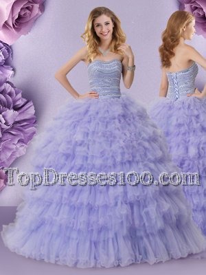 Lavender Sleeveless Beading and Ruffled Layers Floor Length Quinceanera Gown
