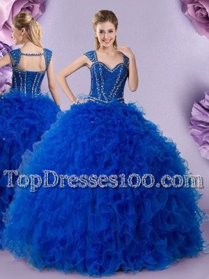New Arrival Straps Straps Cap Sleeves Tulle Floor Length Lace Up Quinceanera Dresses in Royal Blue for with Beading and Ruffles