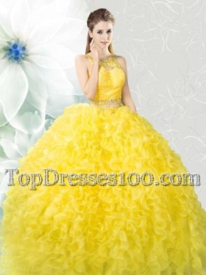 Luxury Yellow Zipper Scoop Beading and Ruffles Sweet 16 Dress Organza Sleeveless