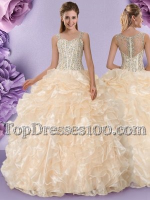 Straps Straps Sleeveless Floor Length Beading and Ruffles Zipper Quinceanera Gown with Champagne