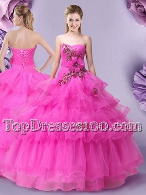 Floor Length Hot Pink Vestidos de Quinceanera Tulle Sleeveless Appliques and Ruffled Layers and Hand Made Flower