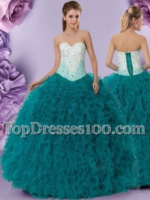 Sleeveless Floor Length Beading and Embroidery and Ruffles Lace Up Quinceanera Dress with White