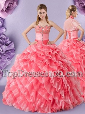 Deluxe Floor Length Watermelon Red Quinceanera Dresses Organza Sleeveless Lace