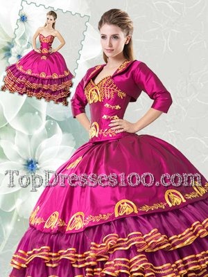 Fuchsia Sleeveless Floor Length Embroidery and Ruffled Layers Lace Up Quince Ball Gowns