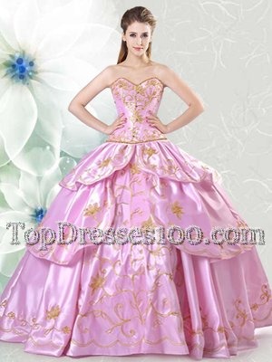 Sweetheart Sleeveless Satin Quinceanera Gown Embroidery Lace Up