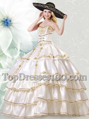 White Ball Gowns Embroidery and Ruffled Layers Quinceanera Dresses Lace Up Taffeta Sleeveless Floor Length