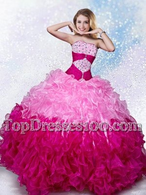 Custom Fit Multi-color Ball Gowns Organza Strapless Sleeveless Beading Floor Length Lace Up Quinceanera Dress