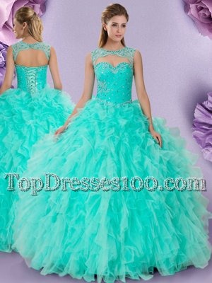 Luxurious Apple Green Lace Up Scoop Beading and Ruffles Sweet 16 Dresses Tulle Sleeveless
