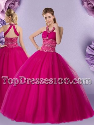 Halter Top Floor Length Fuchsia Quinceanera Gown Tulle Sleeveless Beading